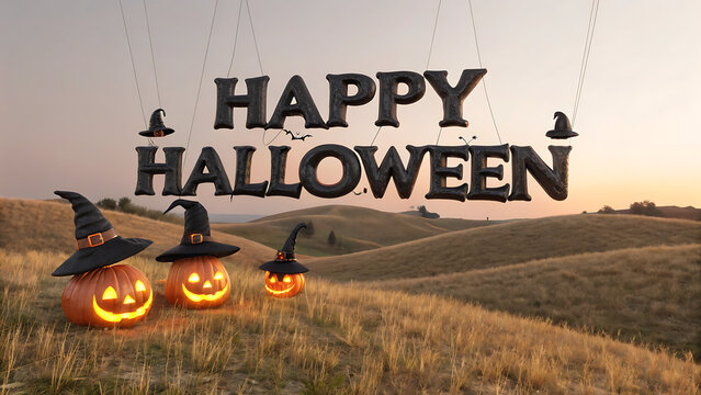 Happy halloween floating balloons text over three jack o lanterns in a field
