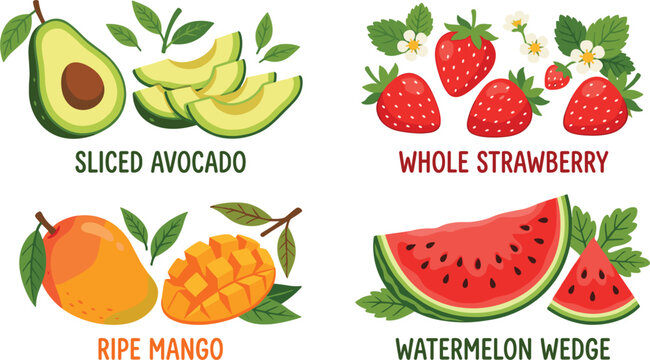 Fresh fruits watercolor card set with avocado strawberry mango and watermelon