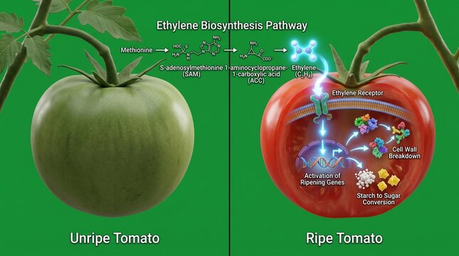 Scientific diagram showing the ethylene biosynthesis pathway in tomato ripening process