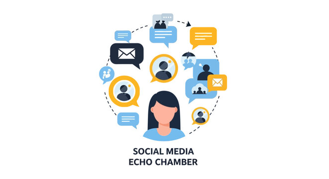 Social Media Echo Chamber Illustration with Digital Communication Icons and Woman Avatar Representing Filter Bubbles and Algorithmic Bias