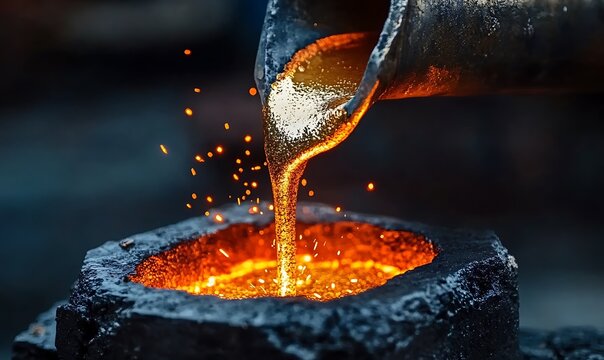 Molten gold liquid pouring into black foundry crucible showing glowing liquid metal process.