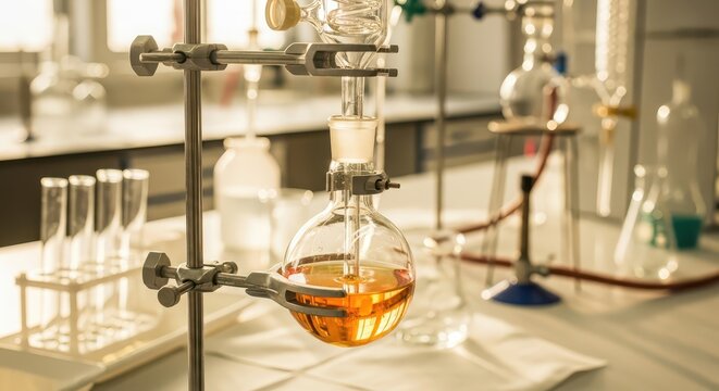 Laboratory Retort Stand With Clamps Holding Glassware Filled With Orange Liquid