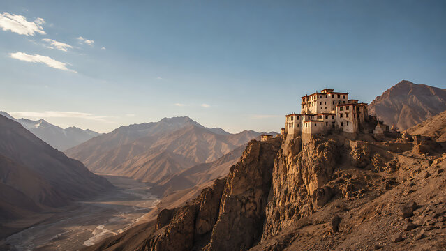 scene of the monastic landscape of Spiti Valley, India, isolated monastery on a rugged cliff, barren mountains