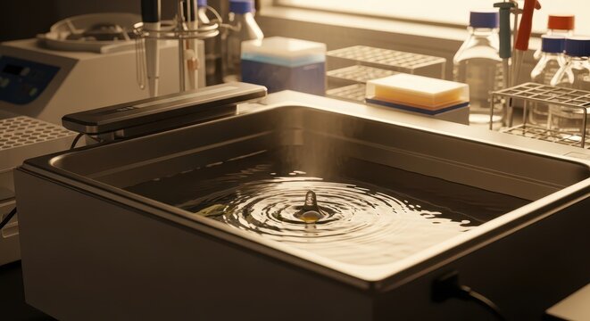 Laboratory Ultrasonic Cleaner with Water Ripples from Droplet Impact