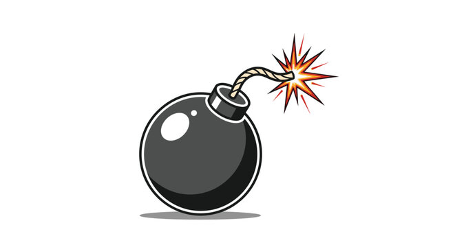 Cartoon style black spherical explosive bomb with a lit fuse and a large orange spark explosion on a white background.