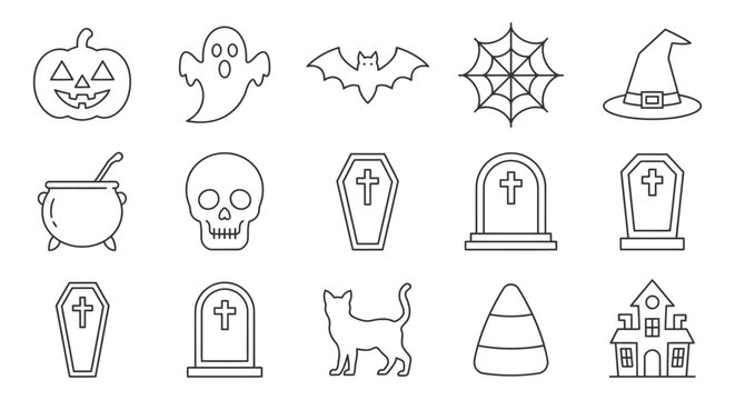 Halloween Line Icons Featuring Pumpkin Ghost Bat And Tombstone Illustrations