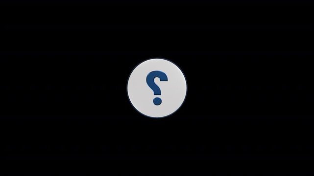 3D rotating blue question mark help icon on white circle interface element on transparent background.