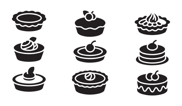 Selection of gourmet tart and cake dessert icons for bakery menu or pastry shop design.