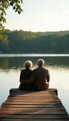 Fototapeta premium Elderly couple sits on wooden pier by calm lake during sunny afternoon. Retired man, woman rest together looking at water surface. Mature partners embrace enjoy peaceful nature scenery outside.