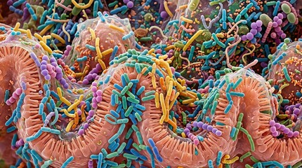 Fototapeta premium Microscopic view of bacteria and microorganisms thriving on a cellular surface