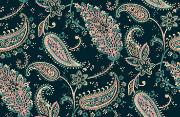 Seamless repeating pattern with paisley motifs placed at different angles, balanced by smaller floral elements and filler © Venkatsai
