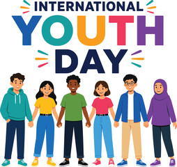 Fototapeta premium International Youth Day Diverse Young People Standing Together Flat Vector Illustration | 12 August Awareness EPS 10