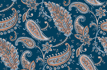 Seamless repeating pattern with paisley motifs placed at different angles, balanced by smaller floral elements and filler © Venkatsai