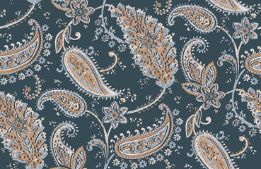 Seamless repeating pattern with paisley motifs placed at different angles, balanced by smaller floral elements and filler © Venkatsai