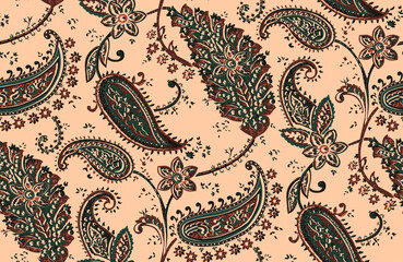 Seamless repeating pattern with paisley motifs placed at different angles, balanced by smaller floral elements and filler © Venkatsai