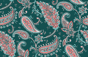 Seamless repeating pattern with paisley motifs placed at different angles, balanced by smaller floral elements and filler © Venkatsai