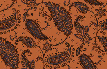 Seamless repeating pattern with paisley motifs placed at different angles, balanced by smaller floral elements and filler © Venkatsai