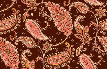 Naklejka premium Seamless repeating pattern with paisley motifs placed at different angles, balanced by smaller floral elements and filler