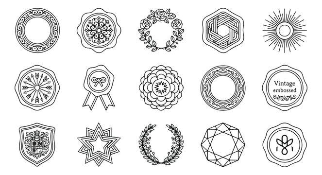 Vintage embossed seal collection, 15 black line art heraldic badges and circular frames, elegant wax stamp icons and floral wreaths for branding