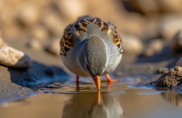 Fototapeta premium Cretzschmar bunting bird drinks water from small pond in wild nature. Small passerine animal with orange beak perches on river bank stone. Feathered creature feeds near rocky puddle outdoors.