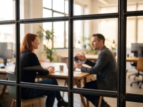 Corporate colleagues having a productive discussion in an office seen through glass with business, colleagues