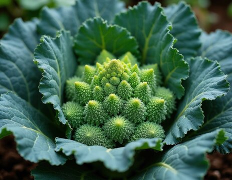 Romanesco cabbage grows in garden soil. Green vegetable fractal pattern leaves. Fresh organic produce shows geometric cone shapes. Healthy cruciferous plant matures in farm field. Raw vegan food