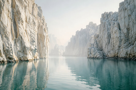 marble rocks at Bhedaghat, India, calm river between tall white stone cliffs