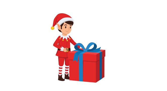 Vector illustration of an elf character with a gift wearing traditional clothing red and green color scheme silhouette holiday seasonal
