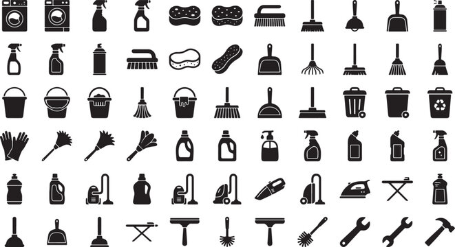 Cleaning and housekeeping equipment icon set featuring household maintenance tools and sanitation supplies in flat vector style