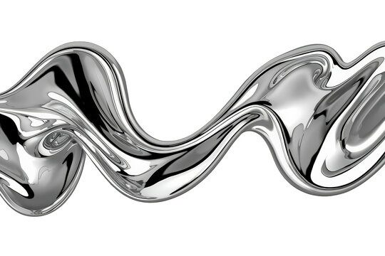 Flowing chrome liquid metal wave creating an abstract shiny silver motion shape, 3d render with transparent background