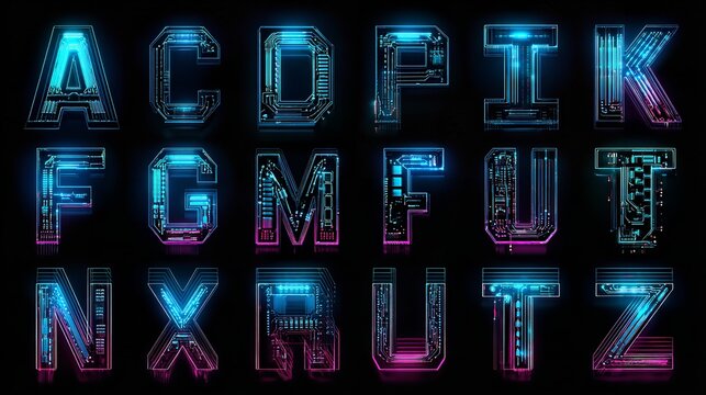 Futuristic glowing neon alphabet letters with circuit board patterns, vibrant blue and pink light effects, digital technology font design on a dark background, Professional Commercial Photography