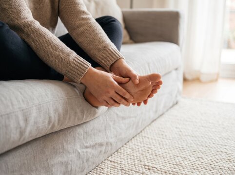 Woman sitting on couch massaging sore painful foot after long day at home with wellness discomfort physical