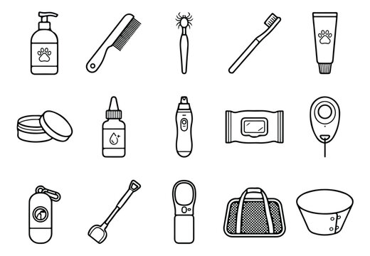 Pet grooming icons set, 15 black and white line art vector elements for animal care, professional dog and cat hygiene supplies for pet shop branding