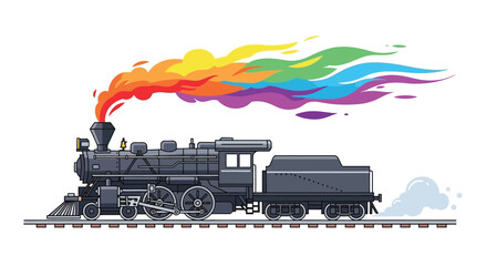 Detailed vector illustration of a vintage steam locomotive with colorful smoke plume side view silhouette train engine railroad transportation vehicle © Creativekhairul02