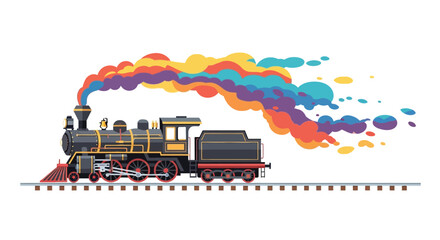 Colorful vector illustration of a vintage steam locomotive with billowing smoke presented as a silhouette train engine railroad railway transport © Creativekhairul02