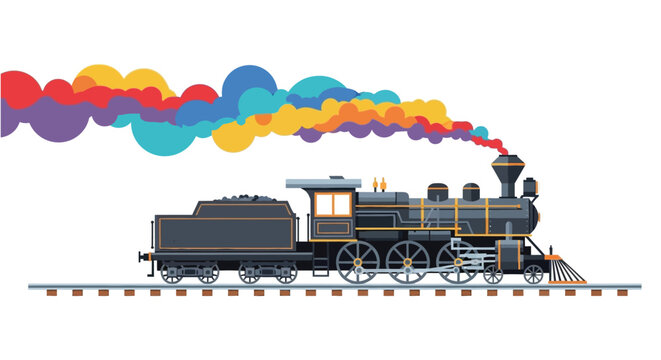 Colorful vector illustration of a steam locomotive on tracks featuring a distinct silhouette train engine railroad transportation vehicle transport travel