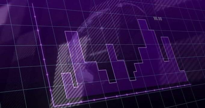 Abstract digital financial chart with stock market fluctuations on a purple grid background, representing data analysis, investment trends, and economic growth