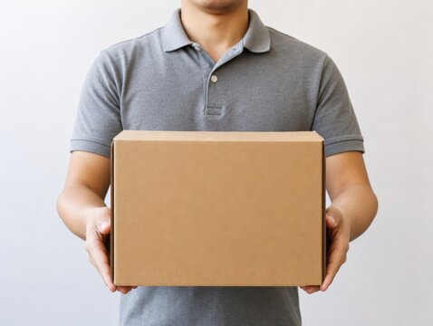 Delivery person in grey polo shirt holding cardboard box for shipping or package delivery with delivery