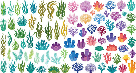 Collection of underwater plants and coral silhouettes featuring seaweed, branching corals, fan corals, tube sponges, and colorful marine diversity © MstMostarina