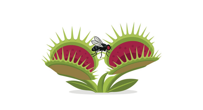 A colorful vector illustration of a venus flytrap with a fly presented as a silhouette carnivorous plant insect fly dionaea
