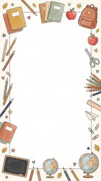 Educational Supplies Border showing globes chalkboards apples and colorful pencils for back to school flyers teachers presentations or learning websites