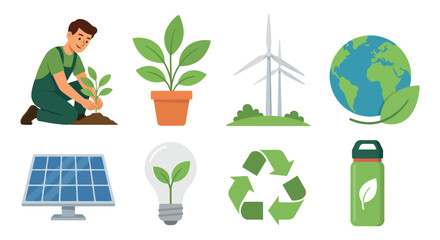 Sustainability Pictograms Featuring Gardener Plant Wind Turbine And Globe © MOHAMMAD