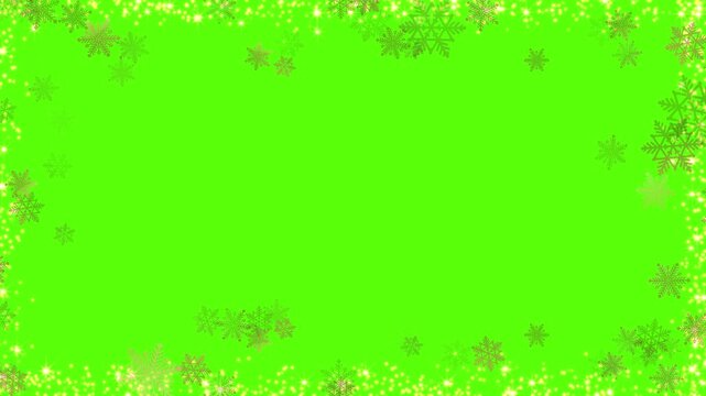 Christmas frame with golden snowflakes and sparkling stars on a bright green background, festive holiday border for winter greeting cards and invitations