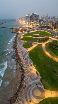 aerial view of charles clore park and tel aviv coastline at dusk israel
