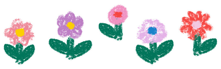 Crayon doodle flowers set isolated on transparent background. Playful hand drawn wax pastel chalk naive floral elements collection for kids design, spring posters, greeting cards and fun summer art © EgorTopor