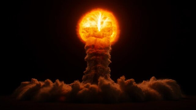 Nuclear explosion mushroom cloud growing in dark atmosphere with glowing fiery apex and dense smoke plume