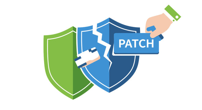 Cybersecurity Software Patch and Vulnerability Repair Concept with Broken Shield and Hand Fixing a System Flaw