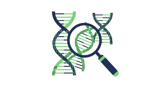 DNA Sequencing and Genetic Data Analysis Concept Vector Illustration with Binary Code and Magnifying Glass