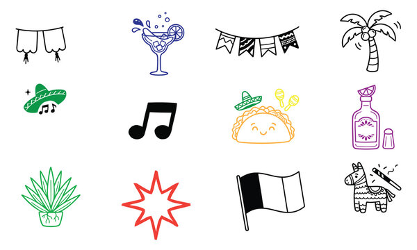 Mexican fiesta party icons set handdrawn doodle style collection of traditional celebration elements like sombrero, taco, tequila, piata, and flag