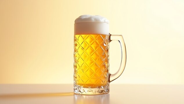 Full mug of cold golden beer with frothy white foam head, close-up studio shot